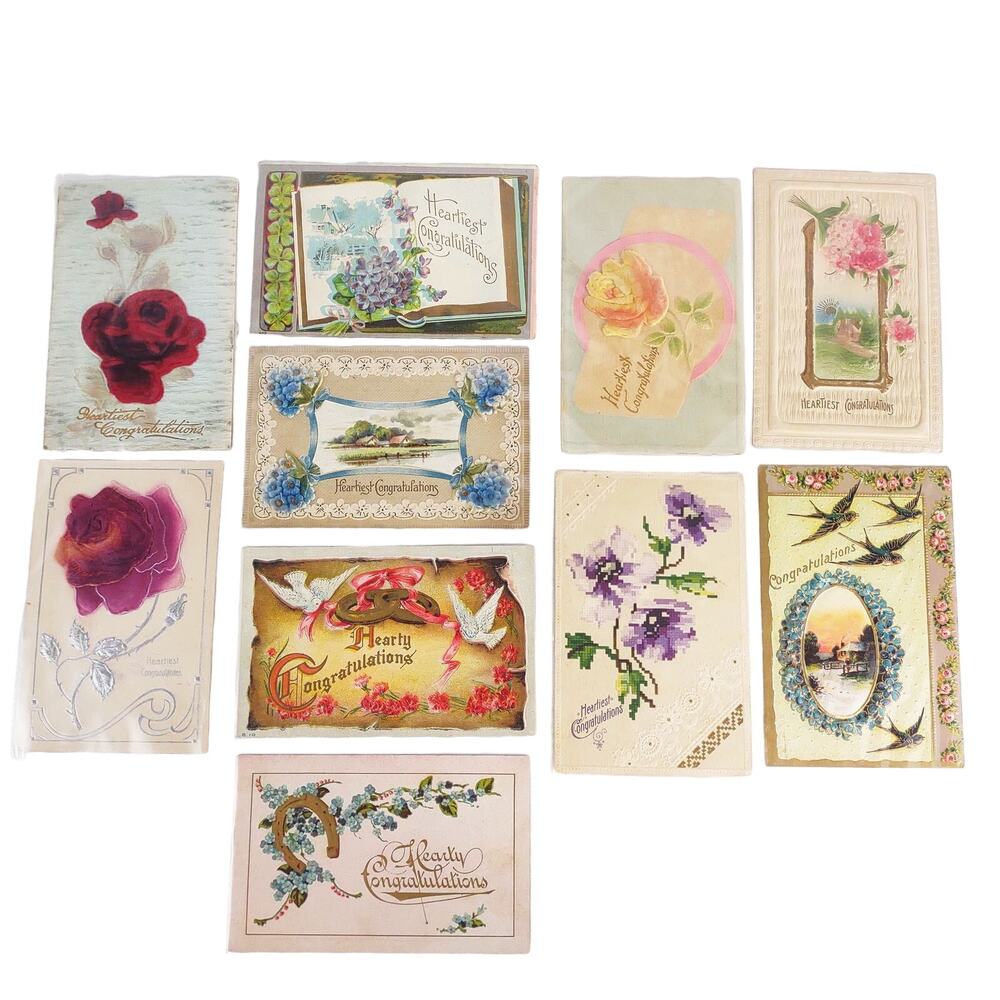 Lot 10 Antique Early 1900s Congratulations Greeting Cards Postcards Velvet Flora